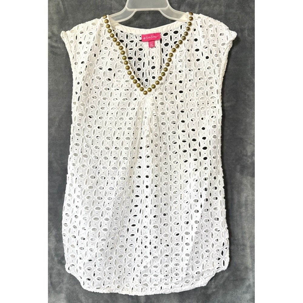 Lilly Pulitzer Target Blouse Tunic Coverup Womens XS White Eyelet Studs V Neck